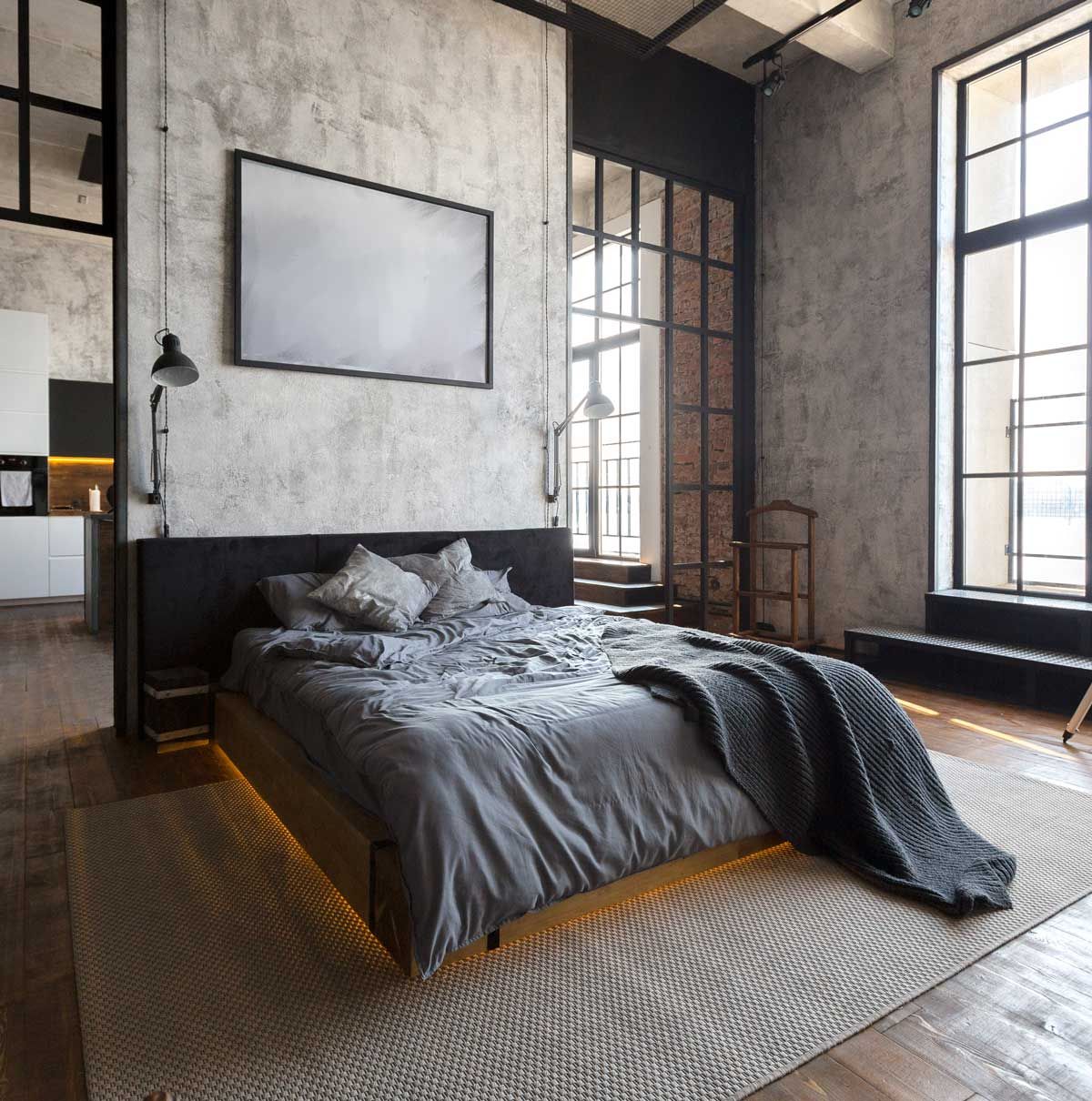 uxury studio apartment with a free layout in a loft style in dark colors.